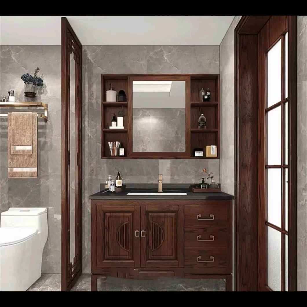 Chinese Style Luxury Floor Wooden Bathroom Cabinet Marble Double Sink Vanity Cabinet