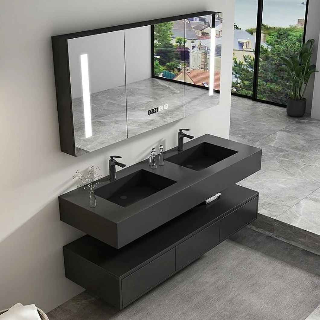 Double Sink Marble Bathroom Cabinet Set Modern Bathroom Black Waterproof Storage Cabinet Dressing Cabinet
