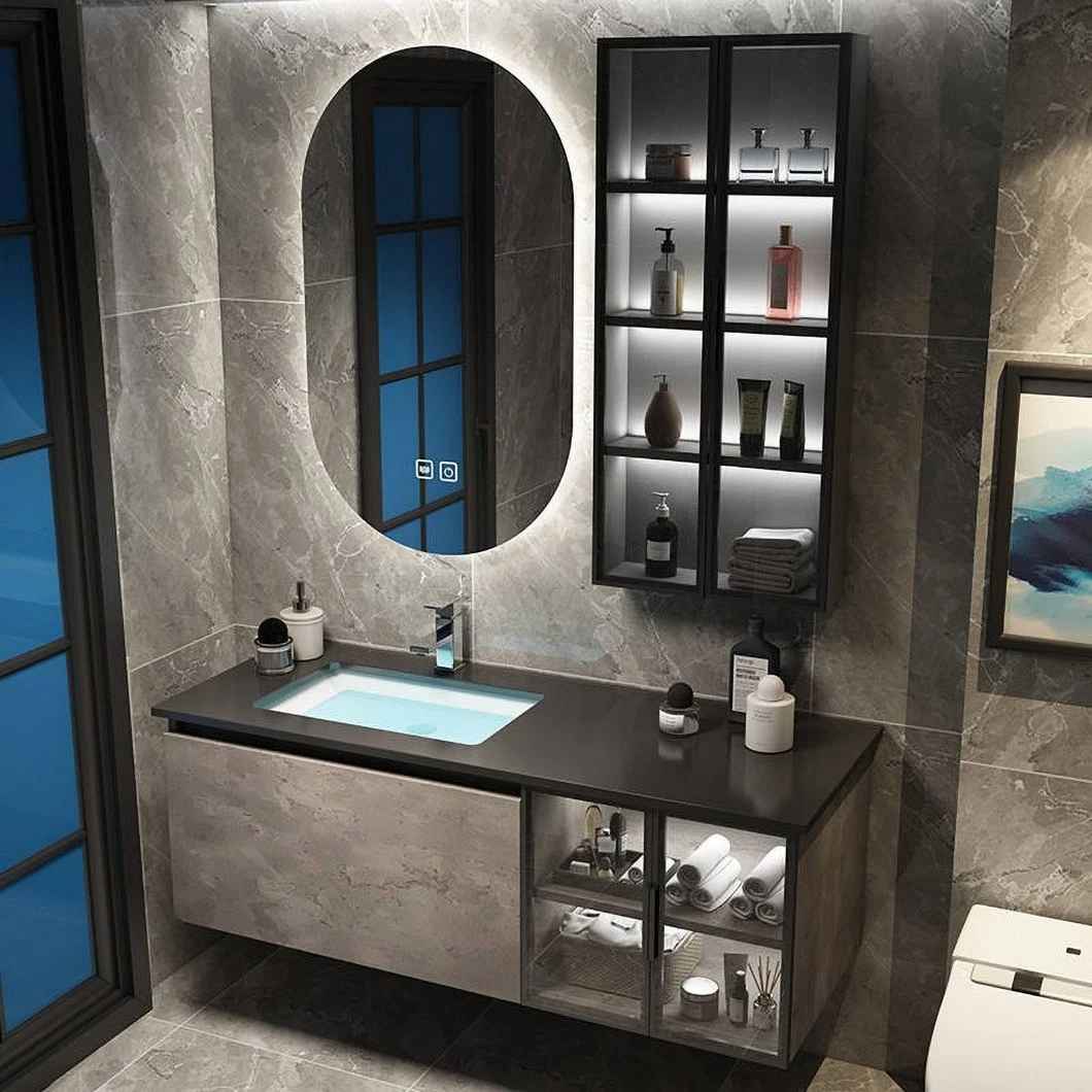 High Quality Corner Stone Waterproof Storage Cabinet Glass Basin Cabinet for Bathroom with Smart Mirror Cabinet