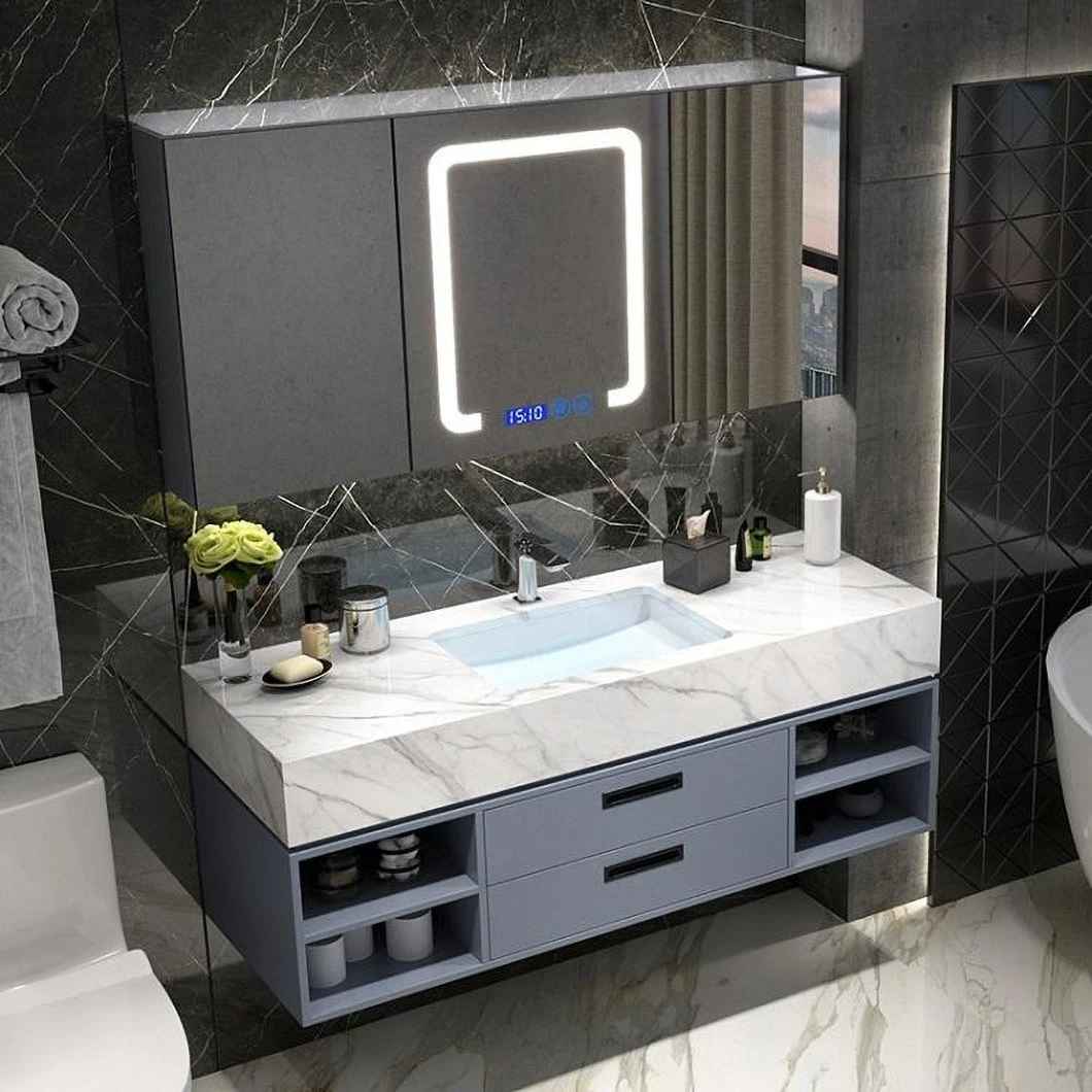 Luxury Blue Bathroom Floating Double Sink Set Modern Waterproof Bathroom Storage Cabinet with Smart Mirror Cabinet