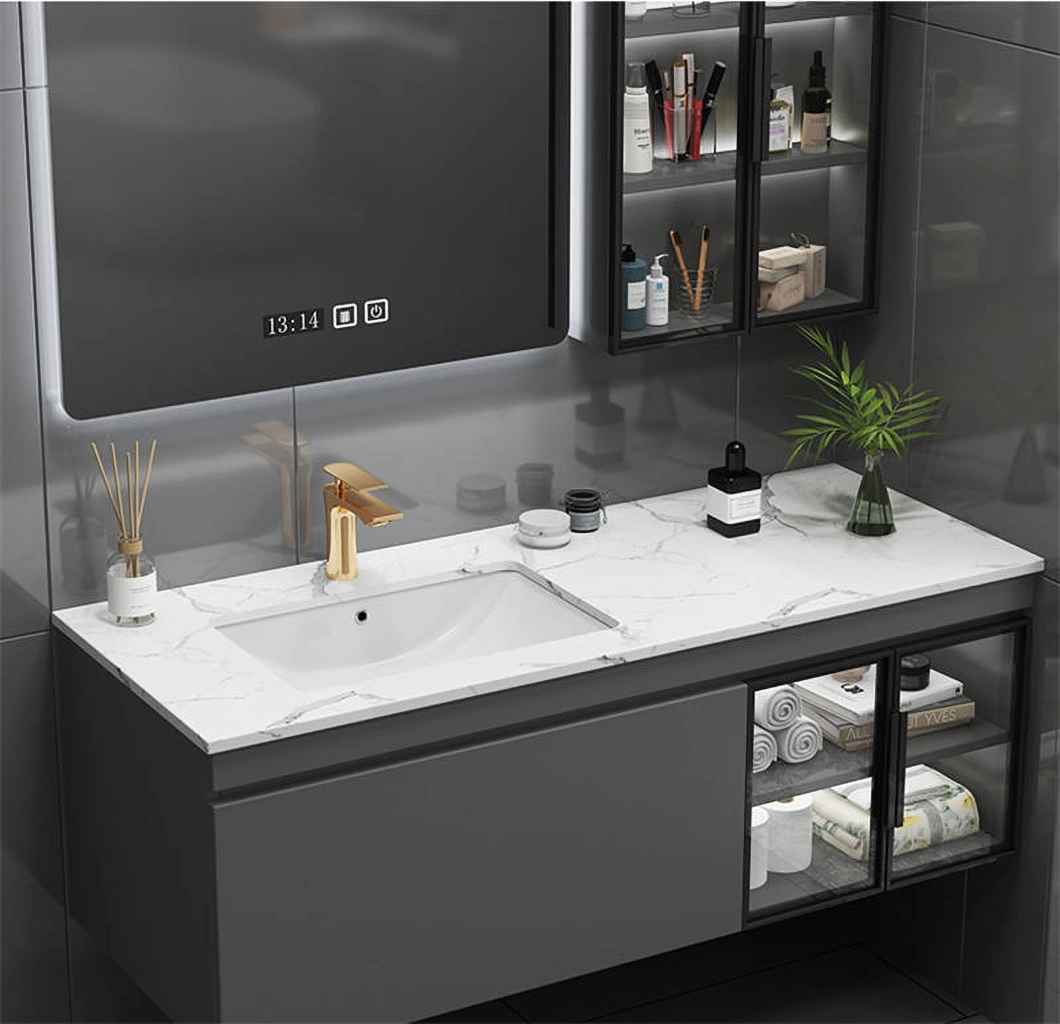 Modern Apartment Toilet Waterproof Aluminum Floating Storage Cabinet Makeup Wooden Bathroom Cabinet with Mirror
