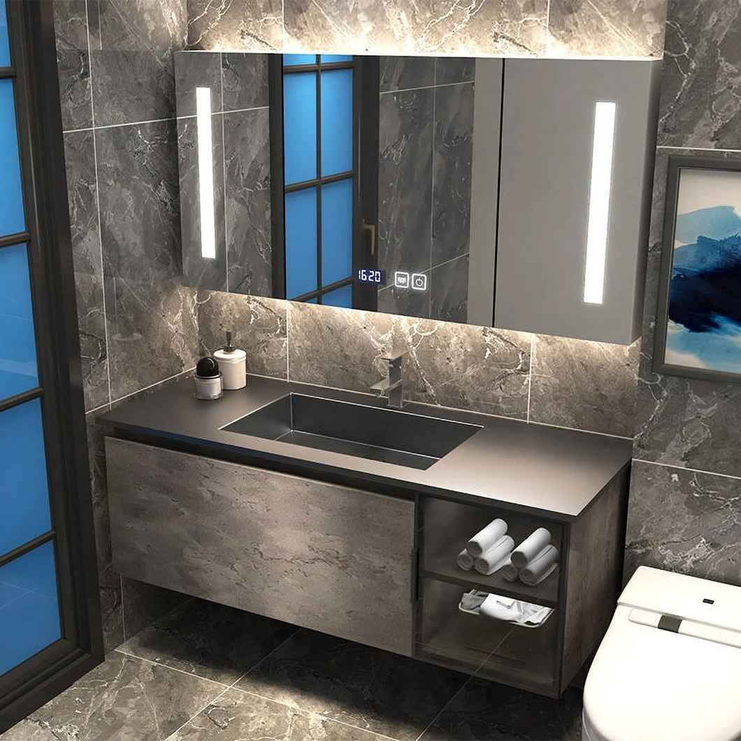 Modern Luxury Marble Bathroom Makeup Cabinet Set Apartment Black Solid Wood Storage Cabinet with Mirror Cabinet