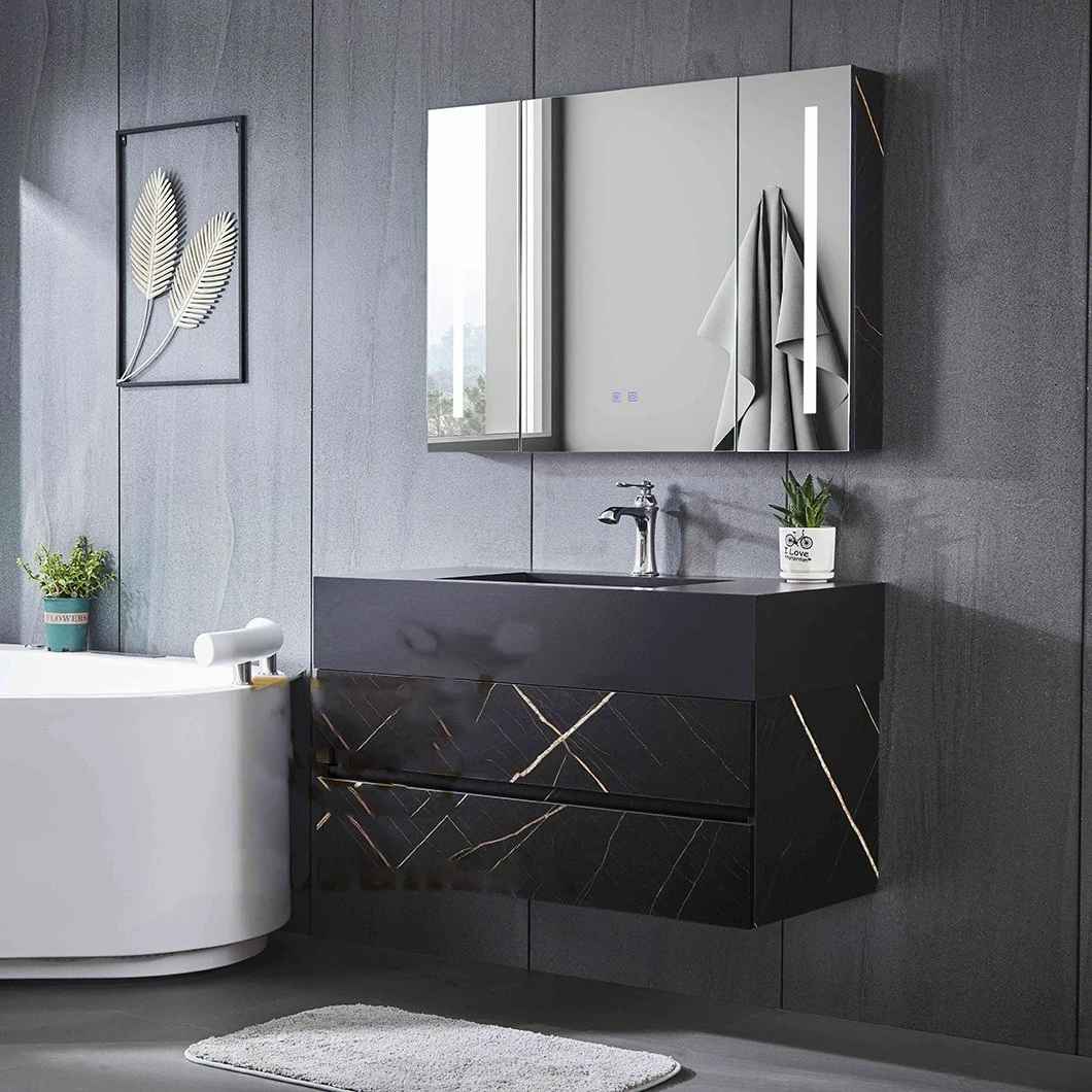 Modern Oak Bathroom Vanity Hotel Black Single Sink Small Bathroom Cabinet with Smart Mirror Cabinet