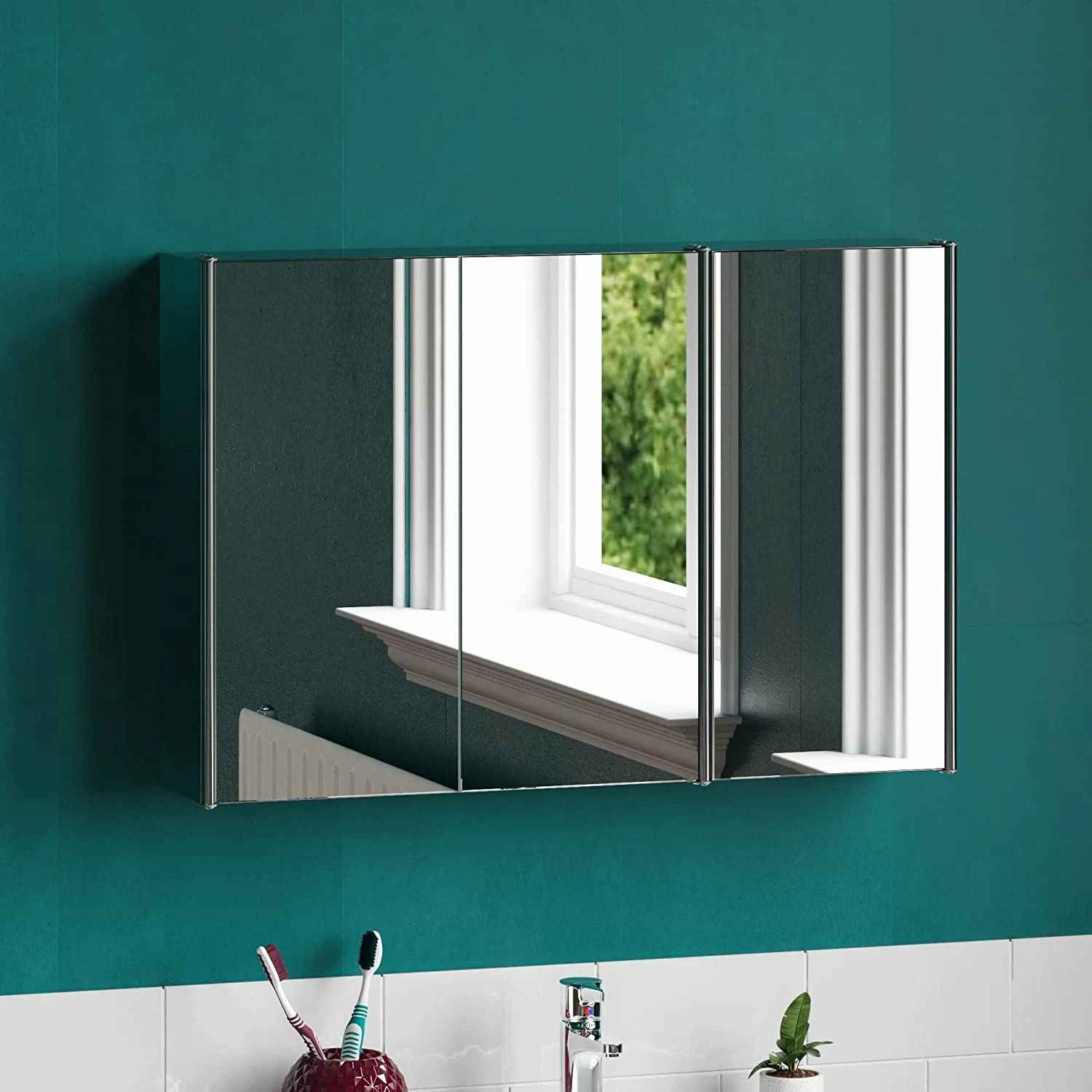 Bathroom Cabinet Triple Mirror Wall Mounted Stainless Steel Modern Storage Cupboard
