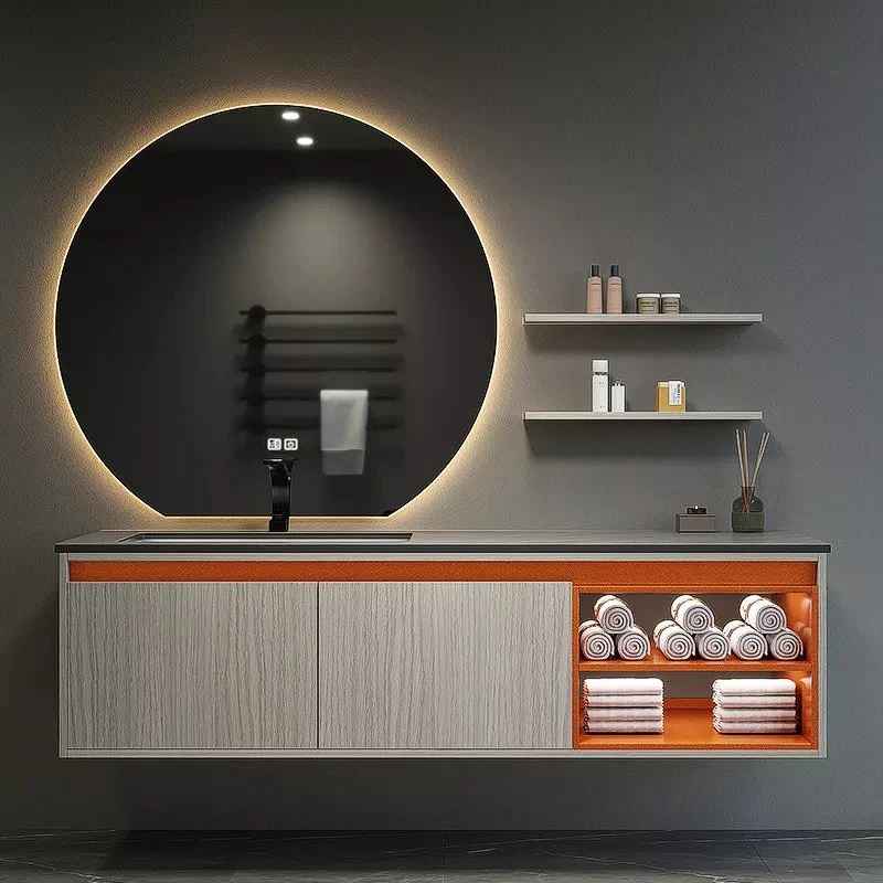 European Hot New Color Modern Cheap Bathroom Vanity with Vessel Sink LED Round Mirror