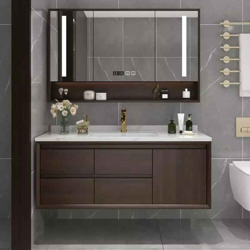 Solid Wood Mirrored Cabinets Bathroom Washbasin Modern Design for Hotel Apartment